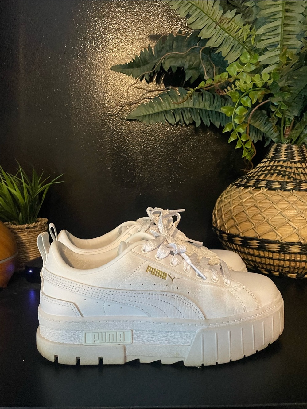 Puma White Low-Top Platform Sneakers with Gold Logo - Picture 3 of 7